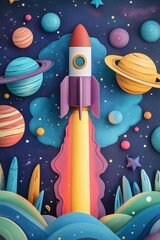 Aufkleber - Papercraft rocket launching from a paper landscape into a starry outer space, surrounded by planets and stars