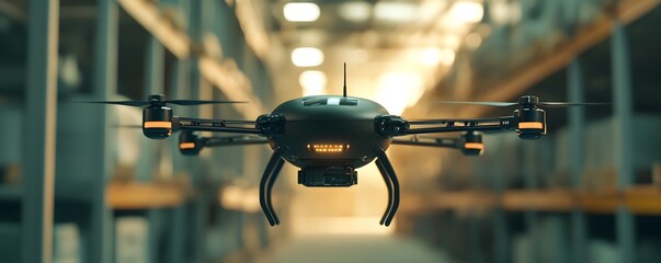 Poster - A sleek, modern drone hovers in a spacious warehouse, showcasing advanced technology and innovation in logistics and delivery solutions.