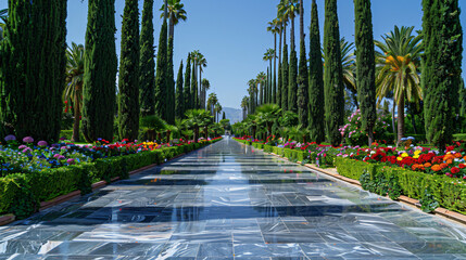 A serene marble pathway surrounded by rows of tall trees and colorful flowers, the air filled with the scent of fresh blossoms, inviting one to stroll along in peace. 