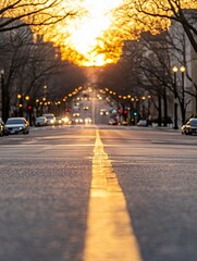 Aufkleber - Golden Sunset Over City Streets with Warm Glow and Calm Vibe for Urban Photography : Generative AI
