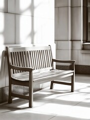 Poster - elegant wooden bench in a sunlit hallway reflecting simplicity and comfort in a modern architectural