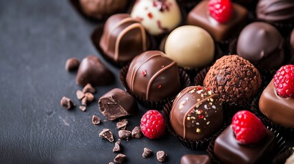 Poster - Decadent assortment of assorted chocolates garnished with fresh raspberries on dark surface : Generative AI