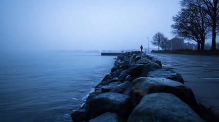 Aufkleber - Calm misty lake view with rocky shoreline captured on a tranquil foggy morning : Generative AI