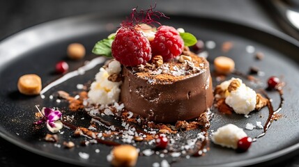 Poster - Delicious Gourmet Chocolate Dessert Artfully Presented with Fresh Berries and Decorative Ingredients : Generative AI