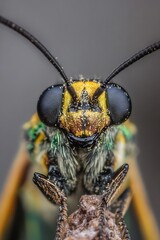 Poster - Close-up of a vibrant colorful bee with large eyes and detailed features on a blurred background : Generative AI