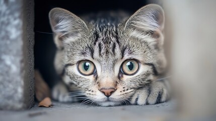 Poster - Cute Tabby Cat Hiding in a Dark Space with Big Green Eyes Looking Curious : Generative AI