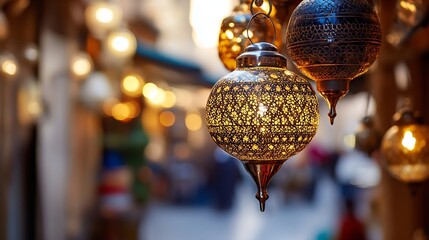 Poster - Intricate Moroccan Lanterns Shining Brightly in Vibrant Souk Setting Capturing Exotic Market Ambiance : Generative AI