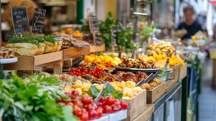 Poster - Colorful fresh produce displayed in a vibrant market stall full of fruits and vegetables : Generative AI