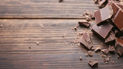 Poster - Delicious Dark Chocolate Pieces Cracked on Wooden Table Surface : Generative AI
