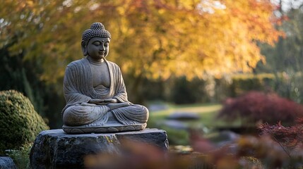 Poster - Calm and Serene Stone Buddha Surrounded by Colorful Autumn Foliage in a Garden Setting : Generative AI
