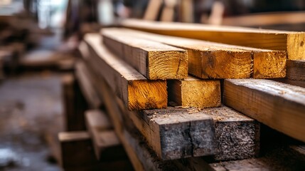 Poster - Stacks of Wooden Planks in Rustic Workshop Depicting Craftsmanship and Quality Wood : Generative AI