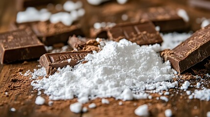 Poster - Delicious chocolate bars with cocoa powder and chunks scattered on rustic wooden surface : Generative AI