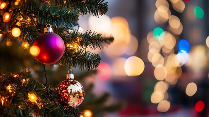 Poster - Close Up of Festive Christmas Tree Ornaments with Beautiful Bokeh : Generative AI