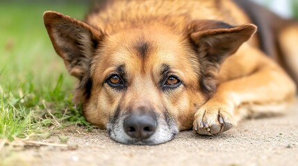 Poster - Close up portrait of a relaxed brown dog resting on the ground with gentle expression : Generative AI
