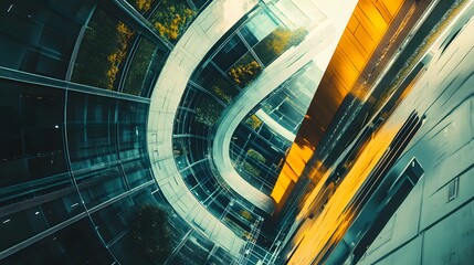 Poster - An abstract view of modern architecture featuring dynamic lines and bright colors, showcasing innovative design elements that inspire creativity and imagination in urban environmen