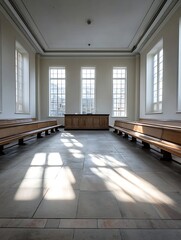 Poster - minimalist interior design of spacious hall featuring sunlight and wooden benches : generative ai