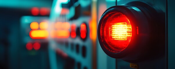 Poster - Close-up view of a glowing red indicator light on a control panel, highlighting the intricate design and technological details in a modern environment