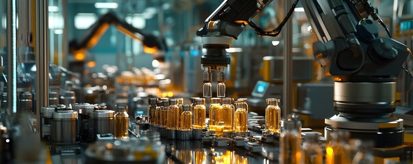 Poster - Close-up view of advanced robotics in a modern manufacturing facility. Automated machines efficiently handling and processing glass bottles in a high-tech production environment.