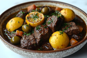 Wall Mural - Hearty Beef Stew With Lemon And Olives In Bowl