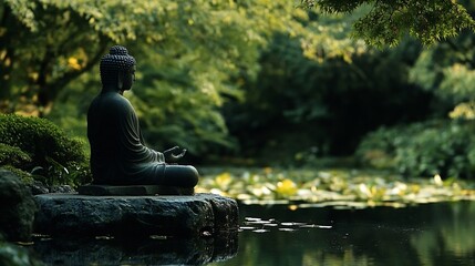 Poster - Buddha Statue Silhouette by Serene Pond Surrounded by Greenery and Nature : Generative AI