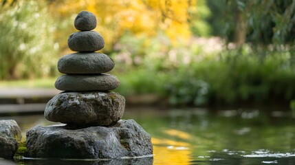 Poster - Balanced Stone Stack on a Rock in Tranquil Water Surrounded by Nature : Generative AI