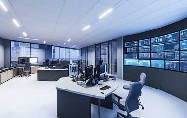 Fototapete - Modern office interior featuring sophisticated control room design, equipped with multiple computer screens displaying data and analytics for efficient management and operations.