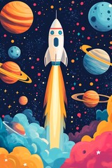 Aufkleber - Cartoon rocket ship blasts off into a vibrant outer space setting with planets and stars