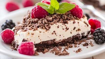 Aufkleber - Decadent Chocolate Cake Slice Topped with Fresh Raspberries and Mint : Generative AI