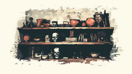 a forgotten cellar with dusty relics and strange talismans on shelves. soft sighs echo, though no on