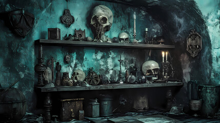 a forgotten cellar with dusty relics and strange talismans on shelves. soft sighs echo, though no on