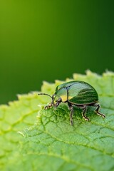Poster - Close-Up of a Vibrant Green Beetle Resting on a Leaf : Generative AI