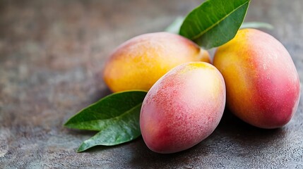 Aufkleber - Fresh and Juicy Mangoes with Green Leaves on Rustic Background for Healthy Eating : Generative AI