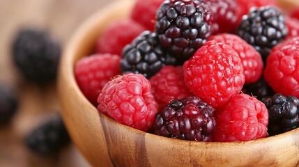 Poster - Freshly Picked Raspberries and Blackberries Displayed in a Wooden Bowl : Generative AI