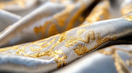 Aufkleber - Close Up of Luxurious Satin Fabric with Intricate Gold Embroidery on Soft Surface : Generative AI