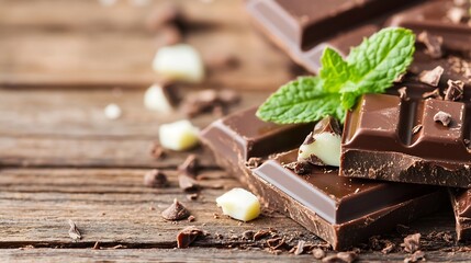 Poster - Delicious Dark Chocolate Pieces with Fresh Mint on Rustic Wooden Table : Generative AI
