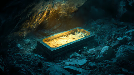 An eerie underground scene featuring an old coffin illuminated by a haunting light. Haunted Relics. Illustration