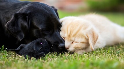Aufkleber - Adorable Sleeping Puppies Snuggling Together in the Sunlit Grass : Generative AI