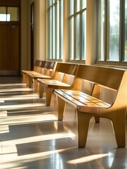 Aufkleber - Contemporary Waiting Area with Stylish Wooden Benches and Natural Light : Generative AI