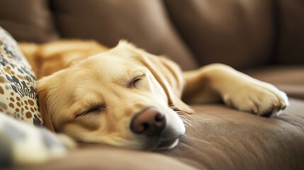 Poster - Cute and Playful Golden Retriever Dog Sleeping Comfortably on a Couch at Home : Generative AI