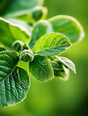 Aufkleber - Fresh Green Leaves with Emerging Buds Reflecting Nature's Renewal and Vitality in Soft Light : Generative AI