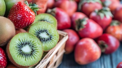 Aufkleber - Fresh Colorful Fruits in a Basket Featuring Ripe Strawberries and Kiwi on Rustic Surface : Generative AI
