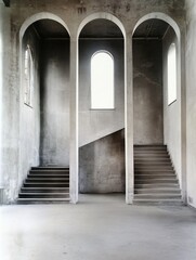 Poster - Artistic depiction of empty indoor stairwell with arched windows and a spiral staircase inviting exploration : Generative AI