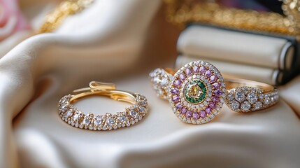 Poster - Collection of stunning jewelry pieces including earrings and bracelet with sparkling gems on silk : Generative AI