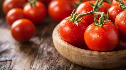 Poster - Fresh Red Tomatoes in a Wooden Bowl on Rustic Wooden Table for Healthy Eating : Generative AI