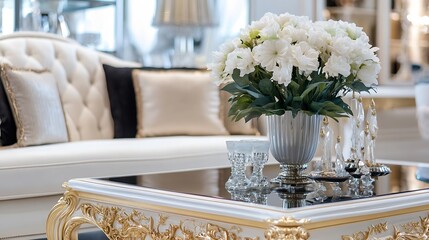 Aufkleber - Stylish living room with elegant furniture and beautiful white flowers arranged on a decorative table : Generative AI