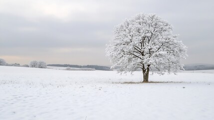 Poster - Snow covered tree standing alone in serene winter landscape under cloudy sky : Generative AI