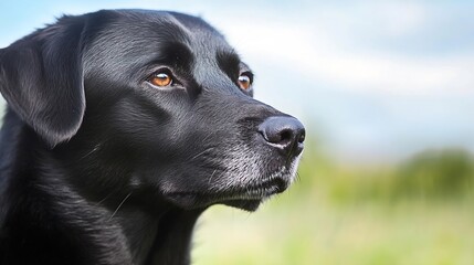 Poster - Close-up of black Labrador dog with soulful eyes and serene expression in natural environment : Generative AI