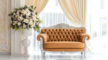 Wall Mural - Luxurious vintage sofa adorned with beautiful flowers and curtains in an elegantly decorated room : Generative AI