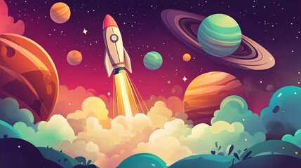 Aufkleber - Cartoon illustration of a spaceship leaving earth on a mission to explore the galaxy