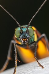 Poster - Extreme Close Up of a Colorful Insect with Green Eyes on Black Background : Generative AI
